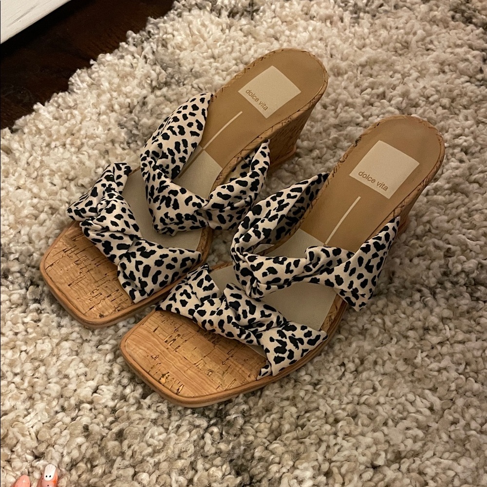 Dolce Vita Black and Cream Leopard Wedge Sandals